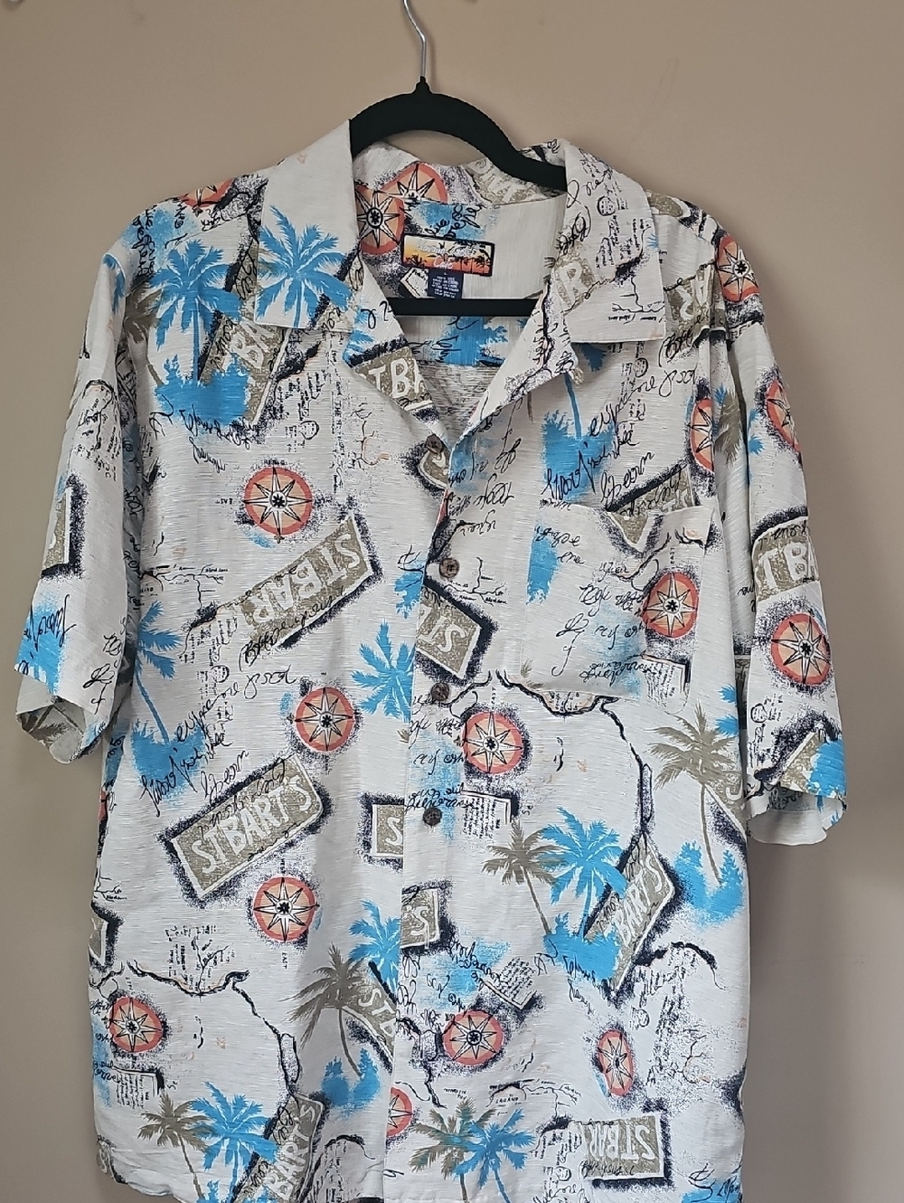 Men's Casual 100% Silk Tropical Button-Down Shirt - White with Blue & Orange
